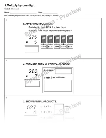 1.Multiply by one digit. — Homework — Grade 5 worksheet preview