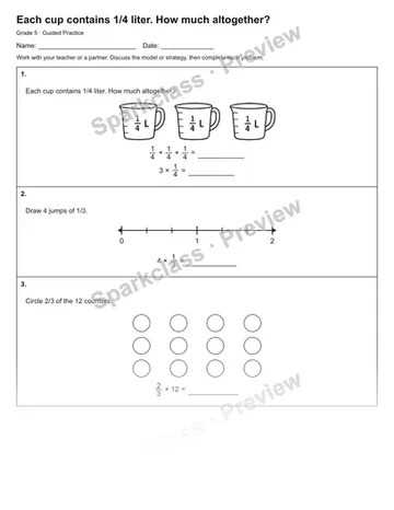 Each cup contains 1/4 liter. How much altogether? — Guided Practice — Grade 5 worksheet preview