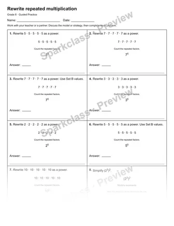 Rewrite repeated multiplication — Guided Practice — Grade 8 worksheet preview