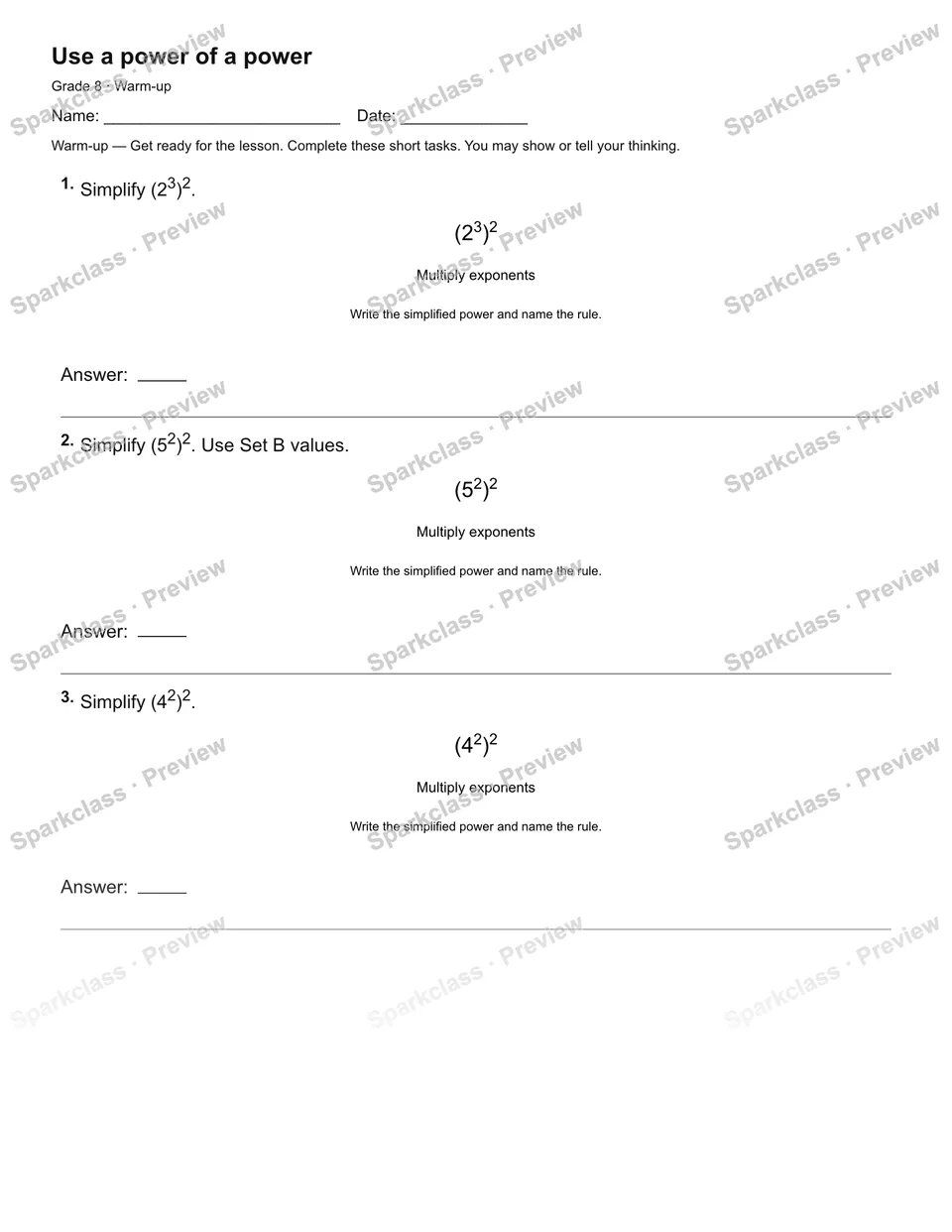 Use a power of a power — Warm-up — page 1