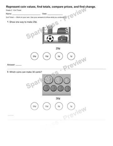 Represent coin values, find totals, compare prices, and find change. — Exit Ticket — Grade 2 worksheet preview
