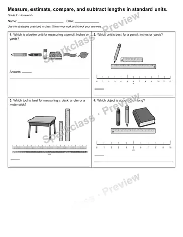 Measure, estimate, compare, and subtract lengths in standard units. — Homework — Grade 2 worksheet preview