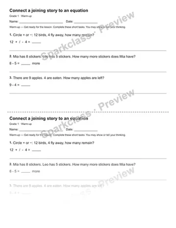 Connect a joining story to an equation — Warm-up — Grade 1 worksheet preview