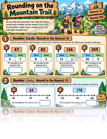 Rounding on the Mountain Trail — Grade 3 worksheet preview