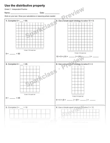 Use the distributive property — Independent Practice — Grade 3 worksheet preview