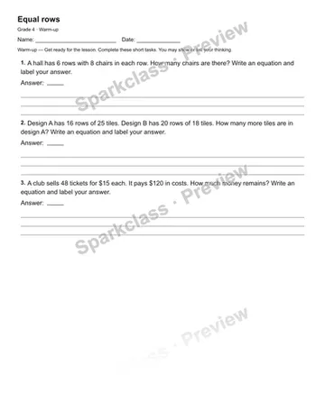 Equal rows — Warm-up — Grade 4 worksheet preview
