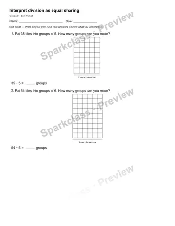 Interpret division as equal sharing — Exit Ticket — Grade 3 worksheet preview