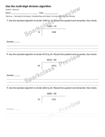 Use the multi-digit division algorithm — Warm-up — Grade 6 worksheet preview