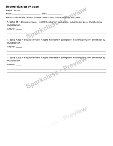 Record division by place — Warm-up — Grade 4 worksheet preview