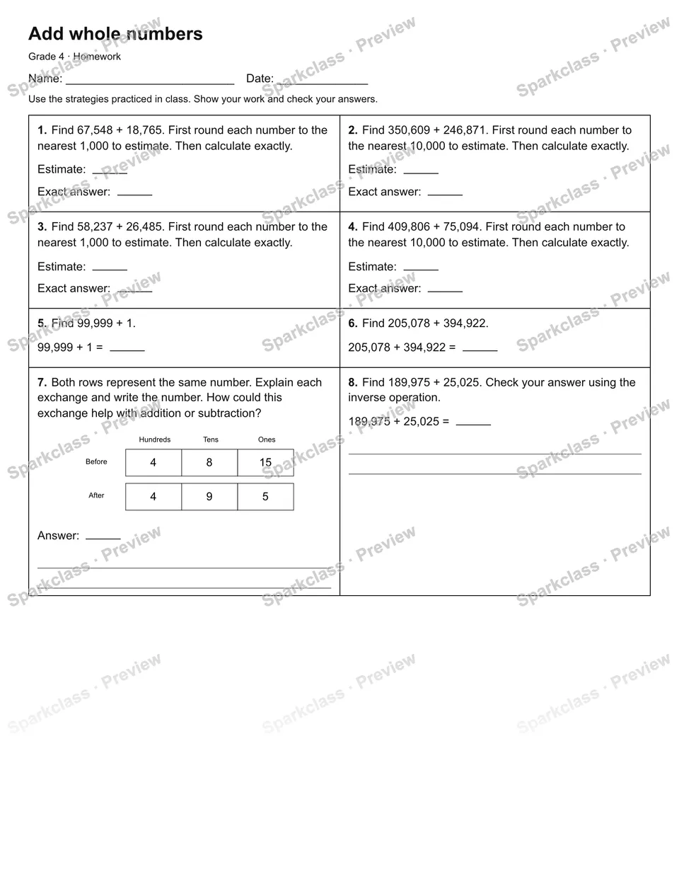 Add whole numbers — Homework — page 1