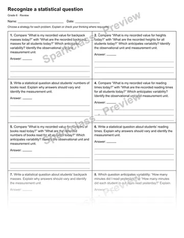 Recognize a statistical question — Review — Grade 6 worksheet preview