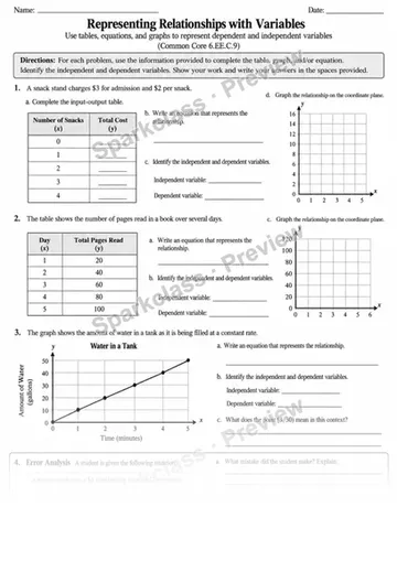 6.EE.C.9 · 9 Variable Relationships Independent 3 — Grade 6 worksheet preview