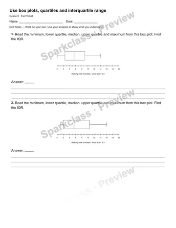 Use box plots, quartiles and interquartile range — Exit Ticket — Grade 6 worksheet preview
