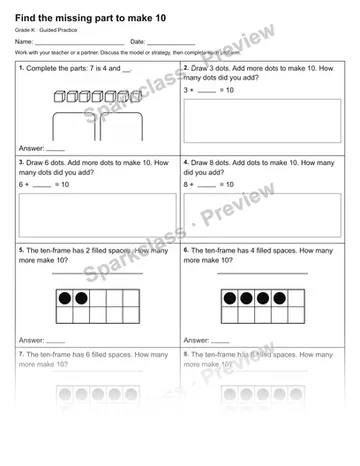 Find the missing part to make 10 — Guided Practice — Kindergarten worksheet preview