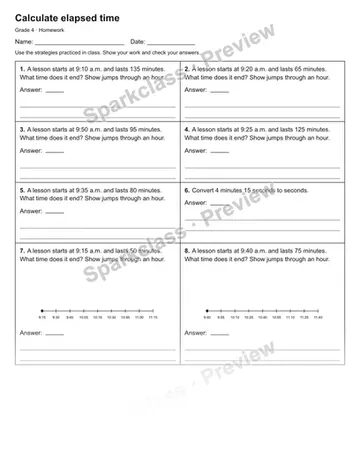 Calculate elapsed time — Homework — Grade 4 worksheet preview