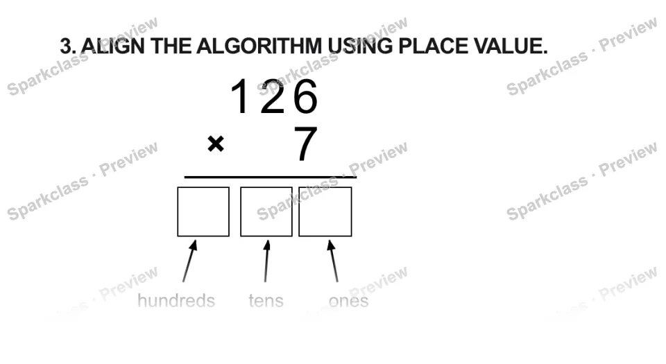 3. ALIGN THE ALGORITHM USING PLACE VALUE. 1 2 6 × 7 hundreds tens ones — page 1