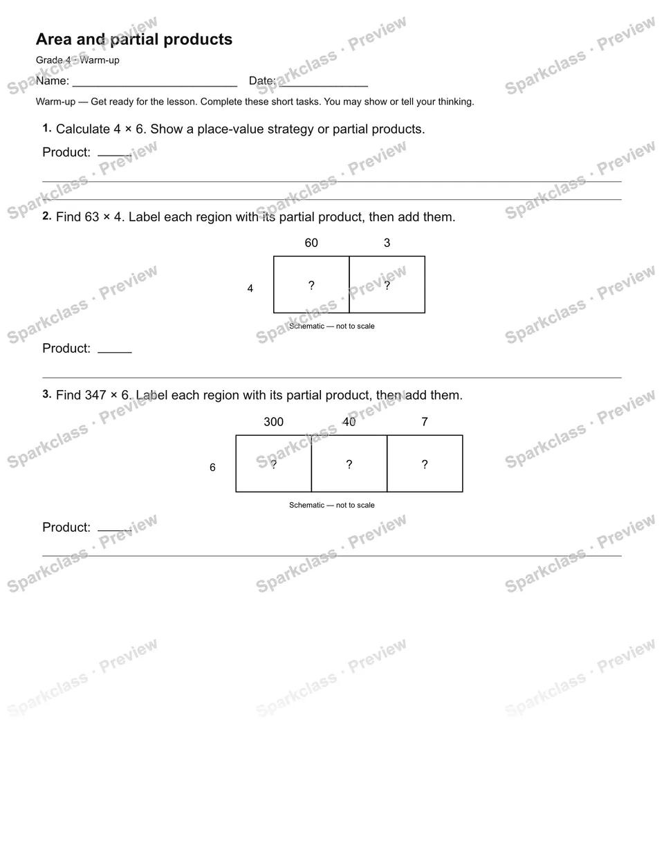 Area and partial products — Warm-up — page 1