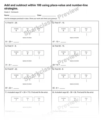 Add and subtract within 100 using place-value and number-line strategies. — Homework — Grade 2 worksheet preview
