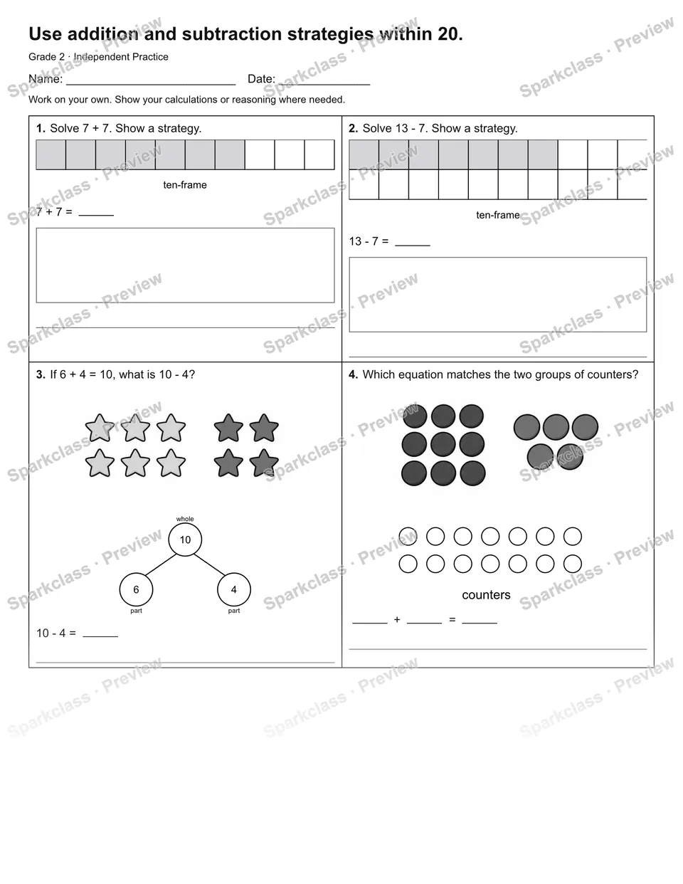 Use addition and subtraction strategies within 20. — Independent Practice — page 1