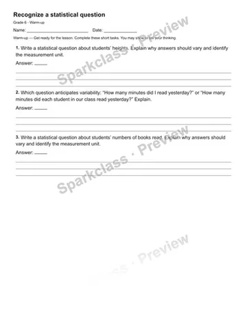 Recognize a statistical question — Warm-up — Grade 6 worksheet preview