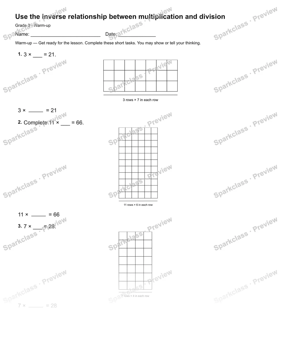 Use the inverse relationship between multiplication and division — Warm-up — page 1