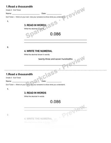 1.Read a thousandth — Exit Ticket — Grade 5 worksheet preview