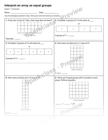 Interpret an array as equal groups — Homework — Grade 3 worksheet preview
