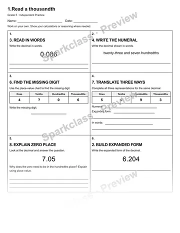 1.Read a thousandth — Independent Practice — Grade 5 worksheet preview