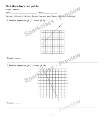 Find slope from two points — Warm-up — Grade 8 worksheet preview