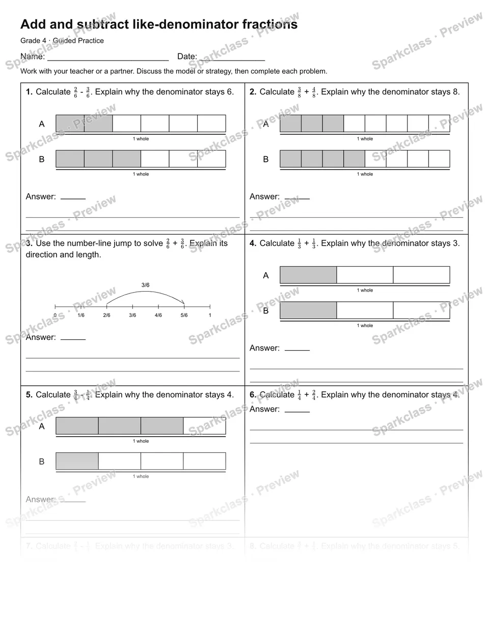 Add and subtract like-denominator fractions — Guided Practice — page 1