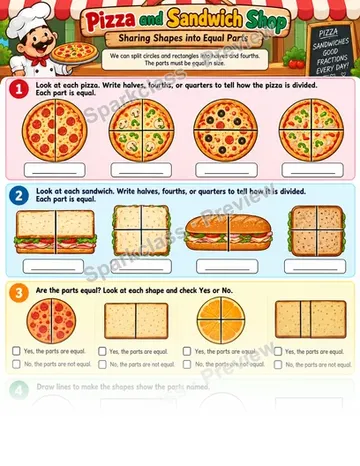 Equal Shares Pizza Shop — Grade 1 worksheet preview