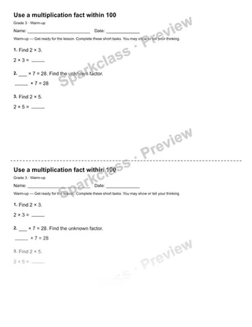 Use a multiplication fact within 100 — Warm-up — Grade 3 worksheet preview