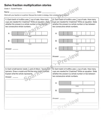Solve fraction multiplication stories — Guided Practice — Grade 4 worksheet preview