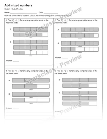 Add mixed numbers — Guided Practice — Grade 4 worksheet preview
