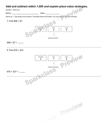 Add and subtract within 1,000 and explain place-value strategies. — Warm-up — Grade 2 worksheet preview