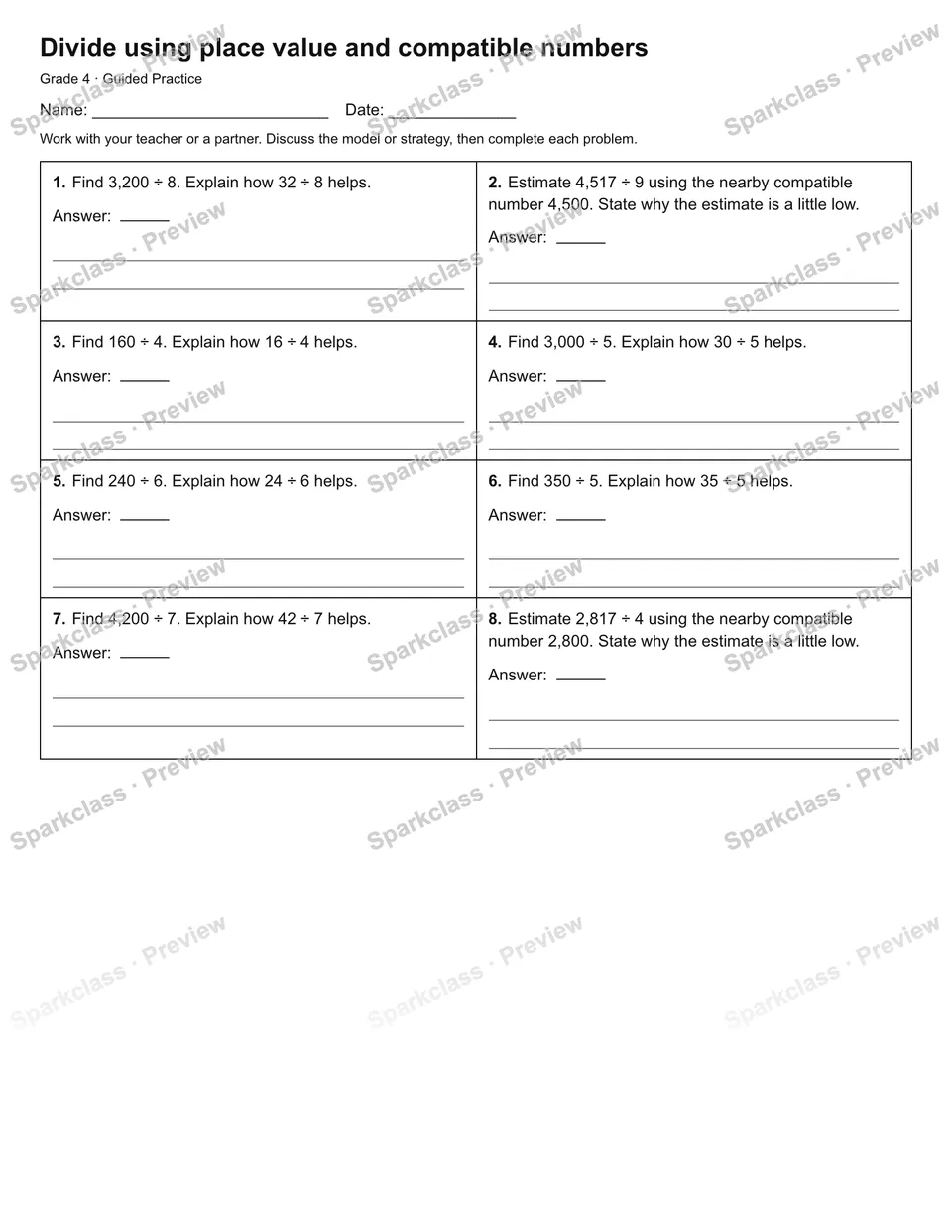 Divide using place value and compatible numbers — Guided Practice — page 1