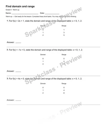 Find domain and range — Warm-up — Grade 8 worksheet preview