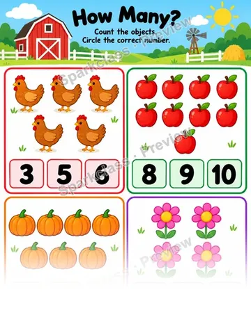 Basic Count and Circle · Farm — Kindergarten worksheet preview