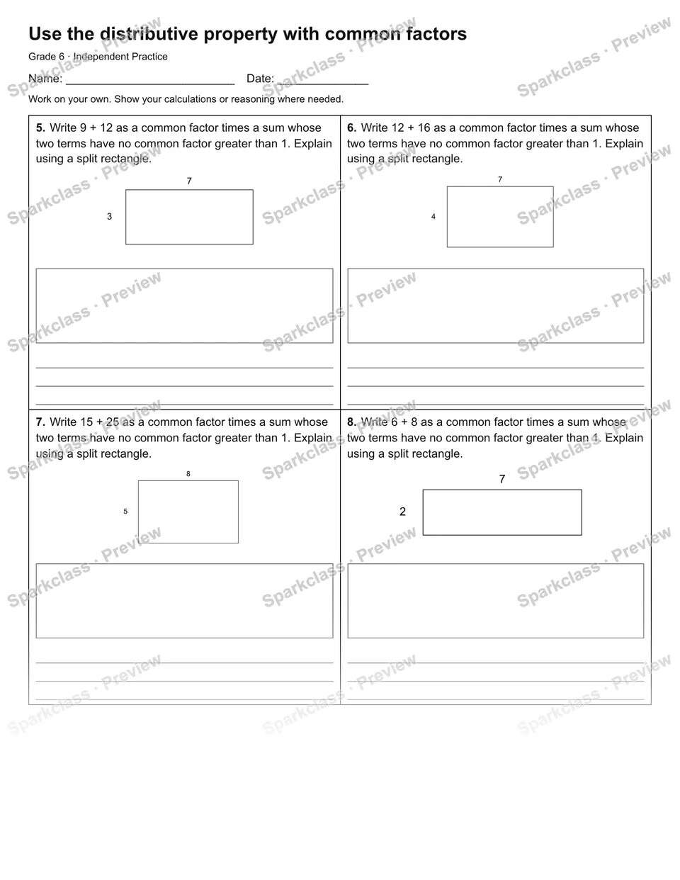 Use the distributive property with common factors — Independent Practice — page 2