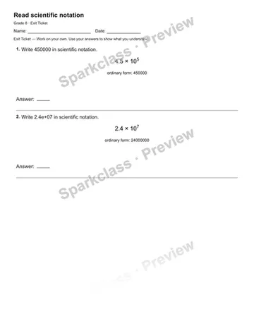 Read scientific notation — Exit Ticket — Grade 8 worksheet preview
