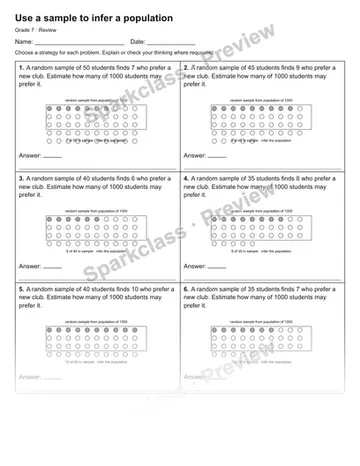 Use a sample to infer a population — Review — Grade 7 worksheet preview