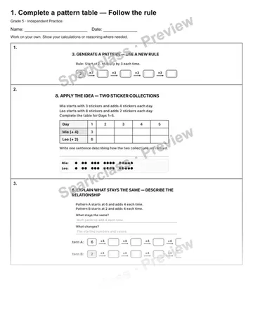 1. Complete a pattern table — Follow the rule — Independent Practice — Grade 5 worksheet preview