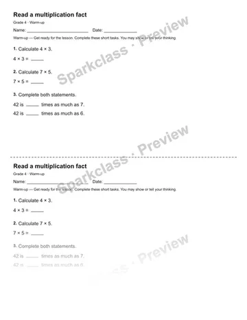 Read a multiplication fact — Warm-up — Grade 4 worksheet preview
