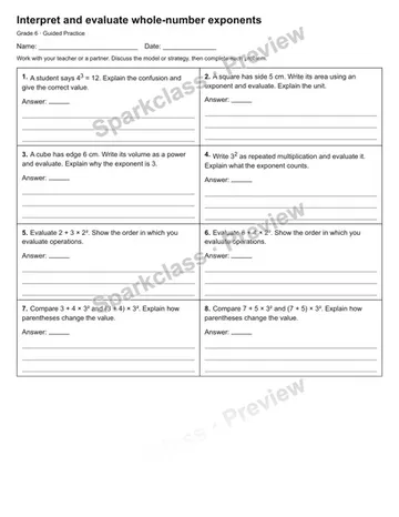 Interpret and evaluate whole-number exponents — Guided Practice — Grade 6 worksheet preview