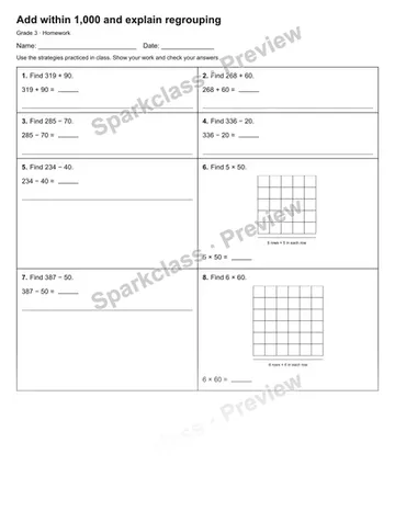 Add within 1,000 and explain regrouping — Homework — Grade 3 worksheet preview