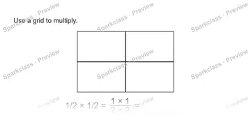 Use a grid to multiply. 1/2 × 1/2 = 1 × 1/2 × 2 = — Grade 5 problem preview