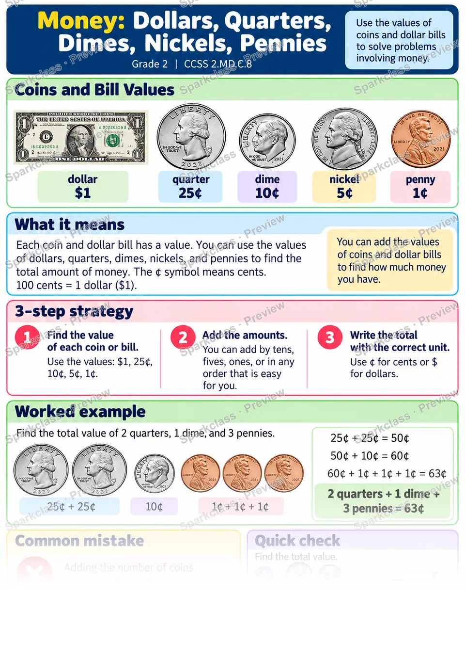 Knowledge Guide · Money: Dollars, Quarters, Dimes, Nickels, Pennies — page 1