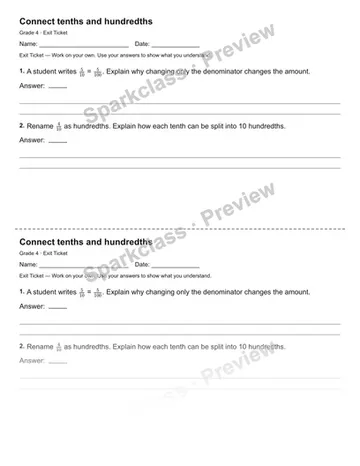 Connect tenths and hundredths — Exit Ticket — Grade 4 worksheet preview
