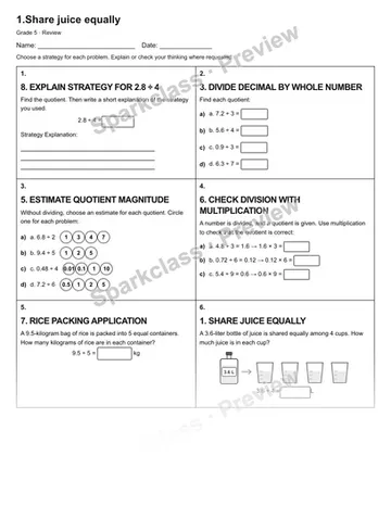 1.Share juice equally — Review — Grade 5 worksheet preview