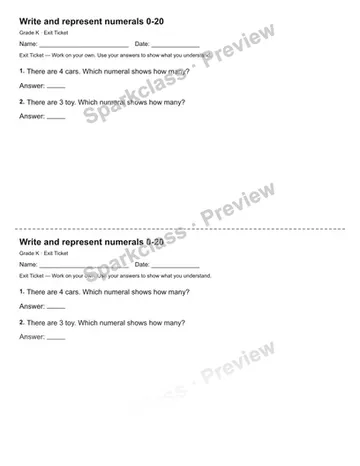 Write and represent numerals 0-20 — Exit Ticket — Kindergarten worksheet preview